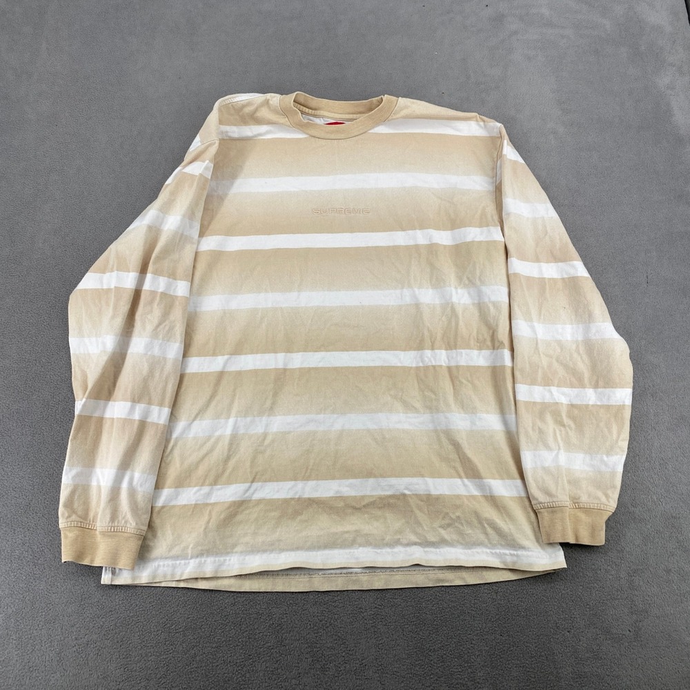 Supreme Fade Stripe Long Sleeve T-Shirt Tan White Embroidered Logo Mens Medium